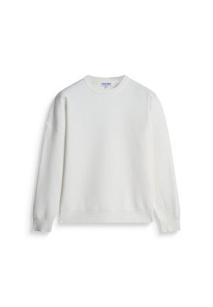 Sudadera blanca de tejido suave, con cuello redondo, mangas largas y puños y dobladillo acanalados. Textura lisa, sin adornos.