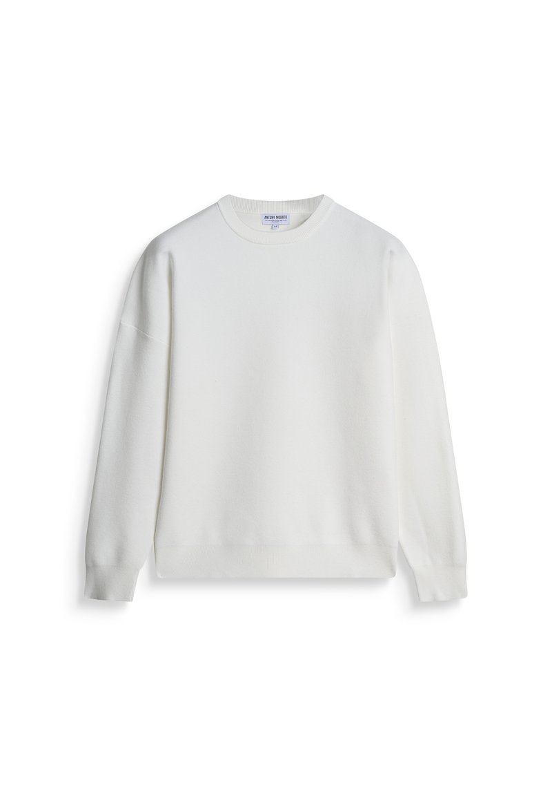 Witte sweatshirt van zacht materiaal, met een ronde hals, lange mouwen en ribgebreide manchetten en zoom. Gladde, ongeversierde textuur.