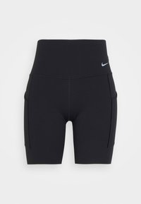 Shorts de sport noirs taille haute en tissu extensible. Comprend des poches latérales et un petit logo bleu clair sur la taille.