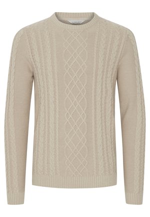 Beige strikket sweater med et tekstureret kabelmønster og ribbede manchetter og kant. Klassisk rund halsudskæring med lange ærmer.