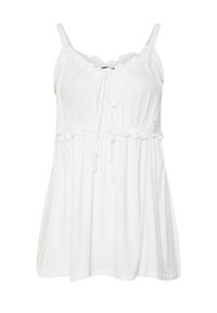 Valkoinen ilman hihoja oleva toppi, jossa on kerätty kangas, säädettävä solmu edessä ja liehuva helma. Pehmeä, kevyt puuvillamateriaali.