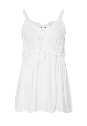 White sleeveless top with gathered fabric, adjustable tie at the front, and a flared hem. Soft, lightweight cotton material.