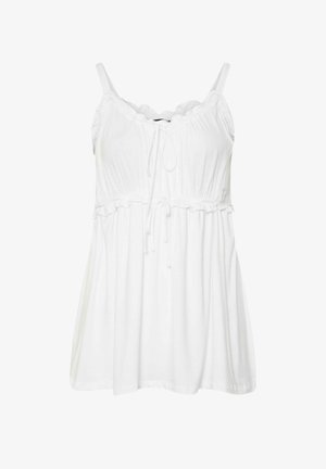 Top bianco senza maniche con tessuto arricciato, laccio regolabile sul davanti e orlo svasato. Materiale in cotone morbido e leggero.