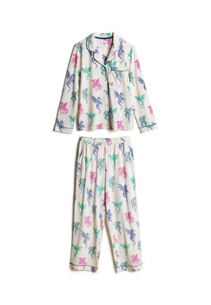 Haut de pyjama blanc avec passepoil bleu, décoré de motifs colorés de dragons bleus, roses et verts et une poche poitrine avant.