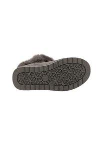 Graue Schuhe mit einer strukturierten, gemusterten Gummisohle. Das Obermaterial besteht aus weichem, grau-behaartem Material. Mit runder Zehenpartie und flexibler Konstruktion.