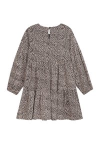 Schwarzes und weißes Kleid mit Blumenmuster, langen Ärmeln, rundem Ausschnitt und gestuften Design. Ein Schlüsselaugenverschluss im Rücken betont den Stil.