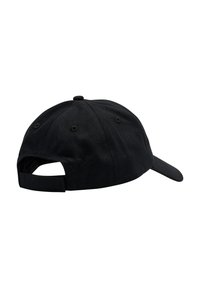 Czarna regulowana czapka baseballowa widziana od tyłu z zapięciem na pasek i sześcioma otworami wentylacyjnymi na koronie.