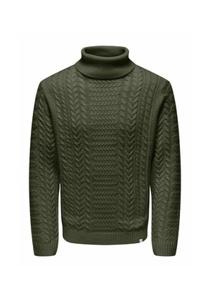 Maglione verde a collo alto lavorato a maglia, con un design a trecce testurizzato, caratterizzato da polsini e orlo a coste. Realizzato in tessuto morbido per garantire calore.