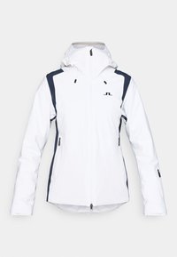 Balta vandeniui atspari striukė su tamsiai mėlynu akcentu ant pečių. Su gobtuvu, priekiniais užtrauktukais ir dviem šoninėmis kišenėmis. Lygus audinys, lengvas dizainas.