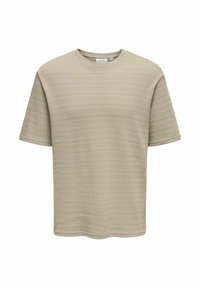 Korte mouwen, T-shirt met ronde hals in licht beige, met een textuur en een patroon in de brei en een relaxte pasvorm.
