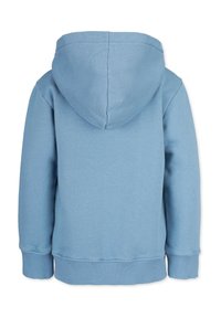 Ljust blå hoodie med framficka, ribbade cuffs och nederkant. Huvan är mjuk och rundad med en söm på baksidan.