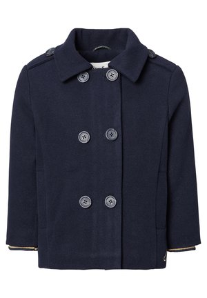Manteau caban bleu marine à double boutonnage avec six boutons, col large et épaulettes, conçu pour les enfants.