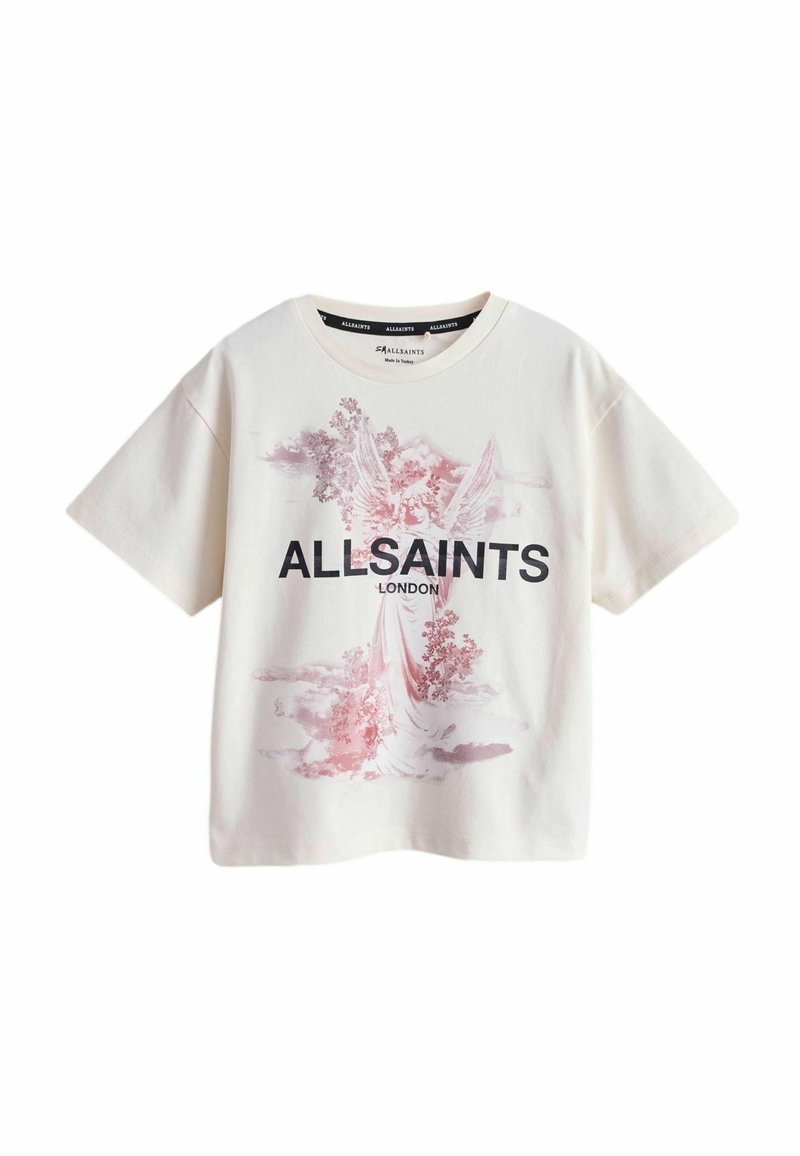 Kreemvalge puuvillane T-särk lahtise lõikega, millel on roosa graafiline disain ja suurejooneline tekst "ALLSAINTS LONDON" ees. Lühikesed varrukad.