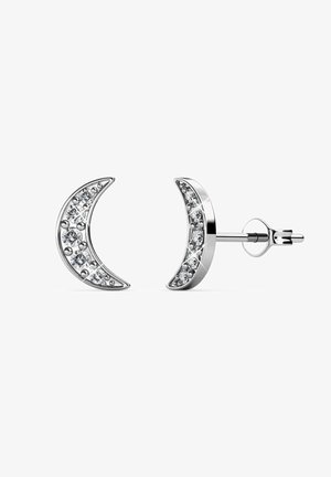 Silberne hufeisenförmige Ohrringe mit einer Reihe von klaren Kristallen, die entlang einer Kante eingearbeitet sind, und einem Stecker für sicheren Halt.