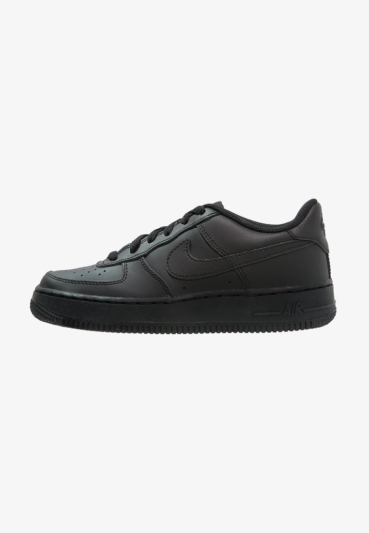Black Nike Air Force 1 sneakers with smooth leather upper, lace-up design, perforated toe, and textured rubber sole.