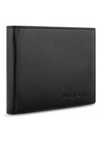 Portefeuille en cuir noir avec une texture lisse, arborant un logo en relief. Design rectangulaire simple avec des coutures nettes le long des bords.