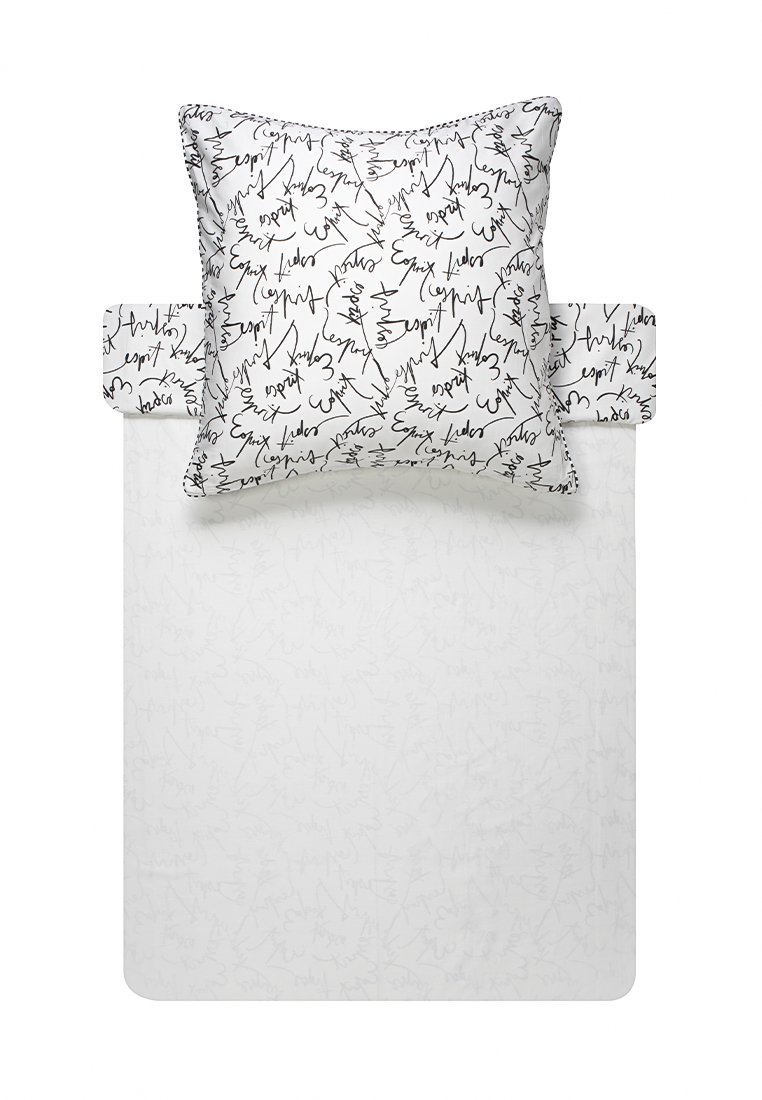 Ensemble de literie blanc comprenant un oreiller avec un motif de lignes abstraites noires et une base texturée subtile avec de légers motifs.