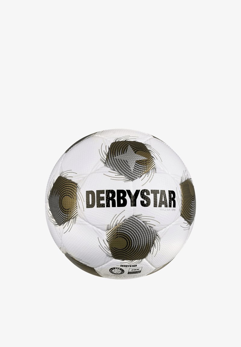 Ballon de football Derbystar blanc et or avec des motifs d'étoiles et un texte de marque noir sur un fond blanc uni.