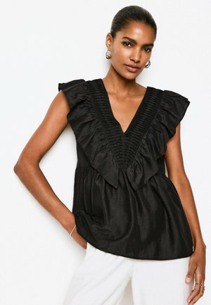 RUFFLE V-NECK REGULAR FIT - Blus - black