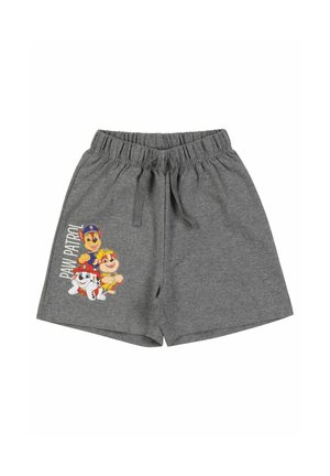 Gray elastic waistband shorts with three Paw Patrol cartoon characters and vertical "PAW PATROL" text on the left leg.