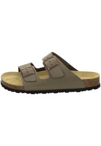 Brown and green two-strap sandal with adjustable buckles, cork footbed, textured black rubber outsole, and smooth synthetic upper.