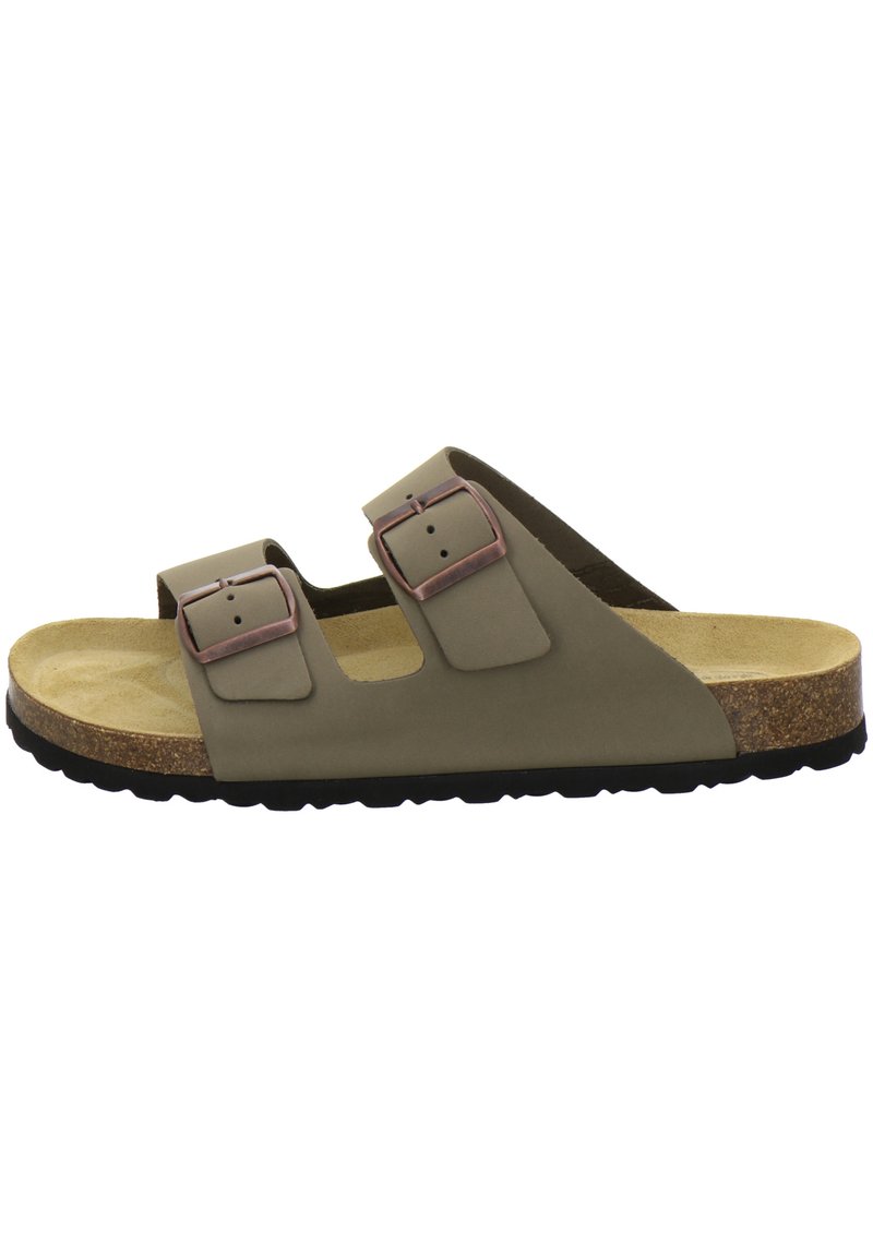 Brown and green two-strap sandal with adjustable buckles, cork footbed, textured black rubber outsole, and smooth synthetic upper.