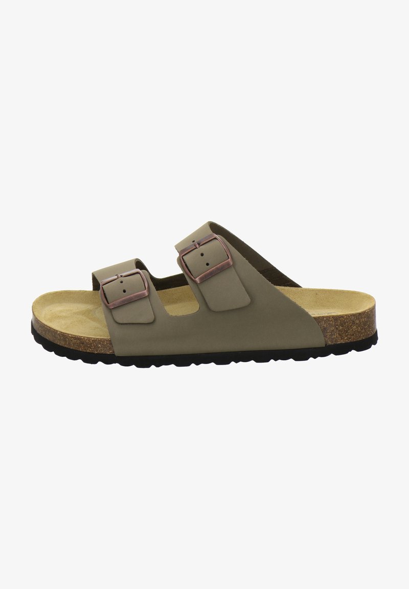 Brown and green two-strap sandal with adjustable buckles, cork footbed, textured black rubber outsole, and smooth synthetic upper.