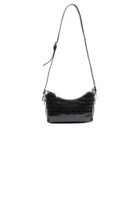 Sort taske i krokodilleder-look med en buet form, udstyret med lynlåslukning og skulderrem. Glat, blank overflade.