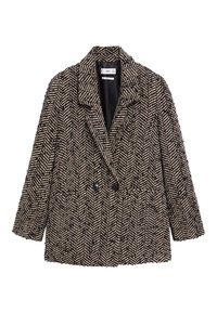 Dwurzędowy płaszcz w czarno-kremowym wzorze jodełki. Posiada szerokie klapy, dwie przednie kieszenie oraz fakturowany materiał.