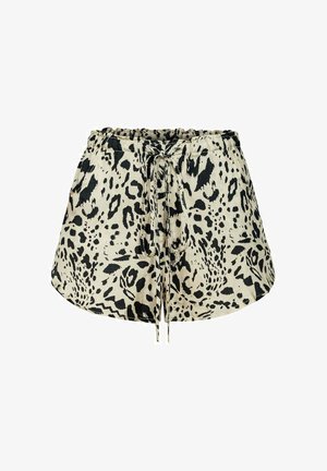 Szorty w panterkę w beżowo-czarnym kolorze. Posiadają elastyczną talię z troczkiem i kieszenie boczne. Lekka tkanina.