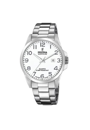 Montre en acier inoxydable argenté avec un cadran blanc, de grands chiffres noirs et une fonction date. Dispose d'un mouvement à quartz et d'une résistance à l'eau jusqu'à 10 bars.