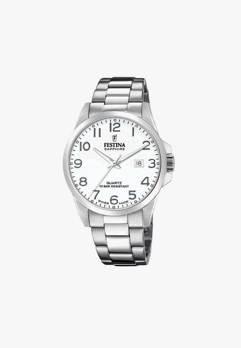 Silberner Edelstahl-Uhr mit einem weißen Zifferblatt, großen schwarzen Ziffern und einer Datumsanzeige. Verfügt über ein Quarzwerk und eine Wasserdichtigkeit von 10 Bar.