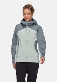 Lichtgrijze waterdichte jas met donkergrijze accenten, verstelbare capuchon, frontritssluiting, borstzak en zijzakken voor opbergruimte.