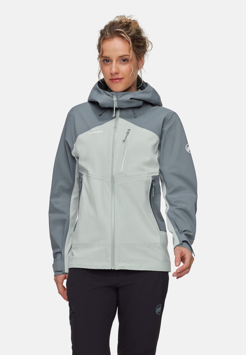 Light gray waterproof jacket with dark gray accents, adjustable hood, front zipper, chest pocket, and side pockets for storage.