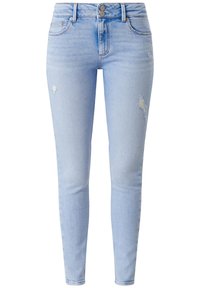 Light blue skinny jeans made of denim with a faded wash, featuring distressed areas and a two-button front closure.