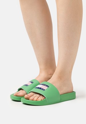 Sandalias de playa verdes con una amplia correa que presenta un logotipo de bandera. Material suave, similar al caucho, y una suela plana con un diseño resistente.