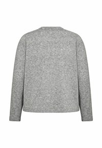 Grå tröja med ett mjukt, texturerat tyg, avkopplad passform och rundad halsringning. Långa ärmar sträcker sig till handleden med en rak nederkant.