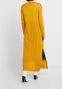 Dlouhé šaty hořčicově žluté barvy s vertikálními pruhy, žebrovanou strukturou a postranním rozparkem odhalujícím tmavě modrou vzorovanou podšívku. Dlouhé rukávy a volný střih.