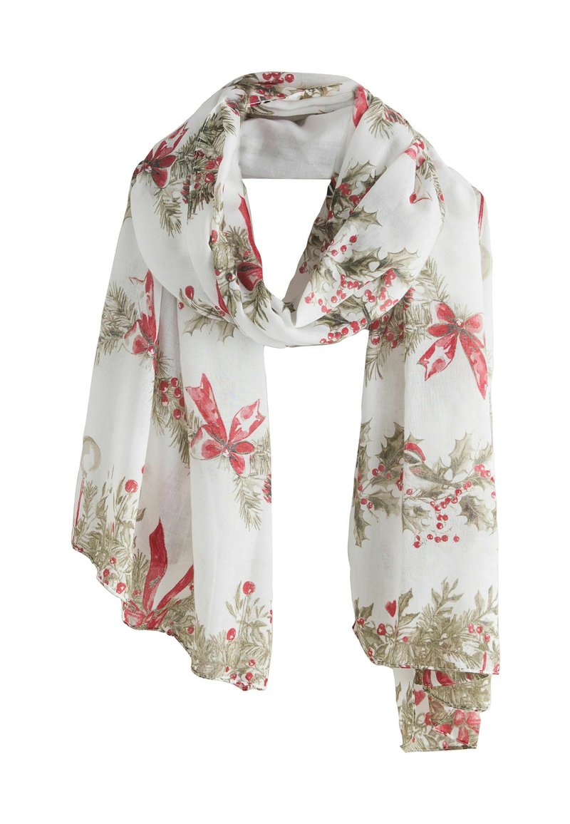 Lehký bílý šátek s motivy červených květin a zeleného listoví, s měkkou, plynulou texturou a mírně vroubkovaným okrajem.