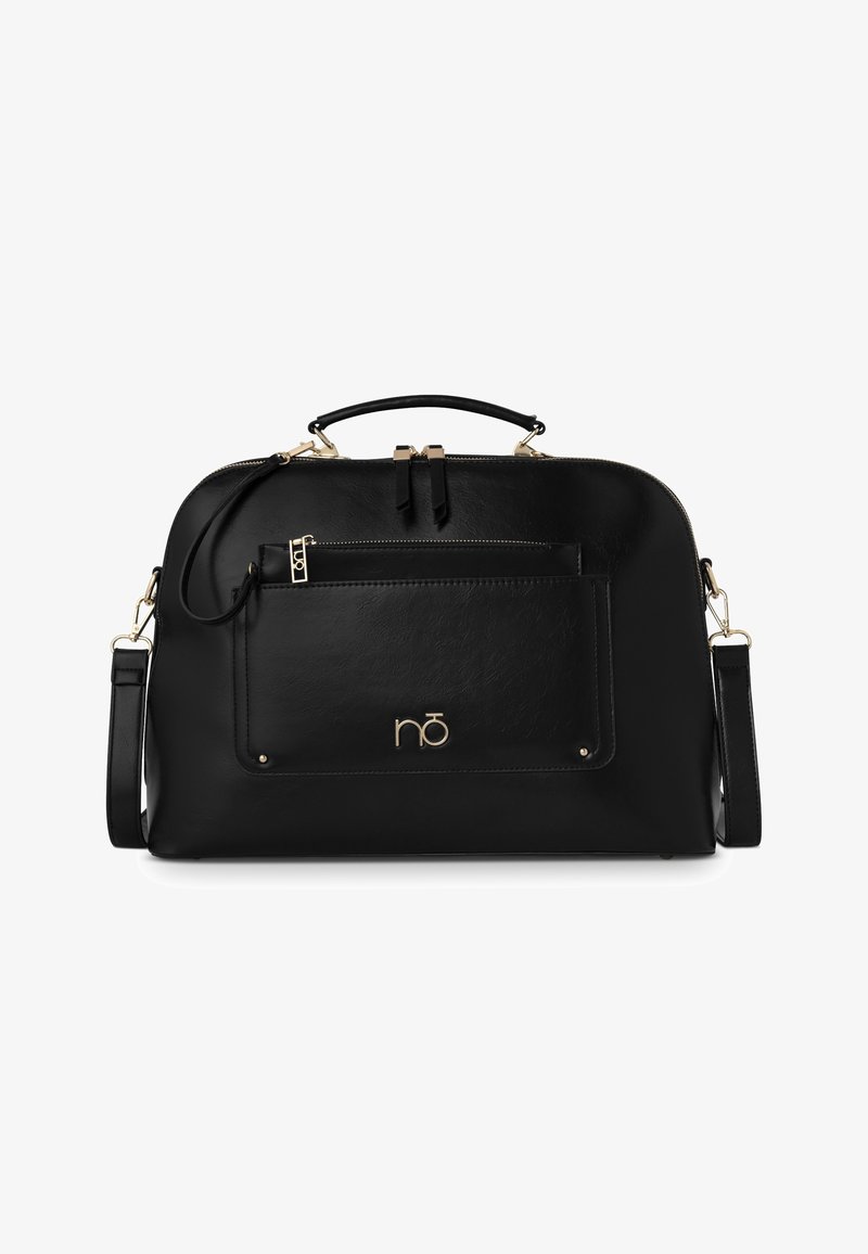 Sac à main en cuir noir au design structuré, avec une quincaillerie dorée, une poche zippée à l'avant et deux poignées supérieures. Comprend une bandoulière amovible.