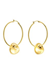 Kultaiset rengaskorvakorut, joissa on kiiltävä, sydämenmuotoinen riipus. Korvakoruissa on kiillotettu pinta ja tyylikäs, moderni muotoilu.