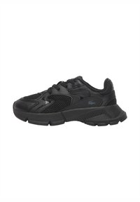 Black athletic shoe featuring a mesh and synthetic upper, lace-up design, padded collar, and a textured rubber sole with a bold tread pattern.