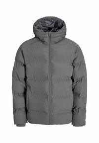 Gray puffer jacket with a zippered front, hood, and elastic cuffs. Features a quilted design with visible stitching and a smooth exterior.