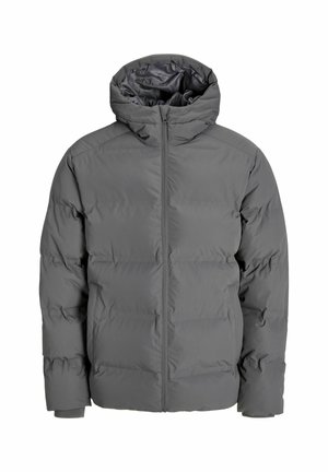 Chaqueta de abrigo gris con cremallera frontal, capucha y puños elásticos. Presenta un diseño acolchado con costuras visibles y un exterior suave.