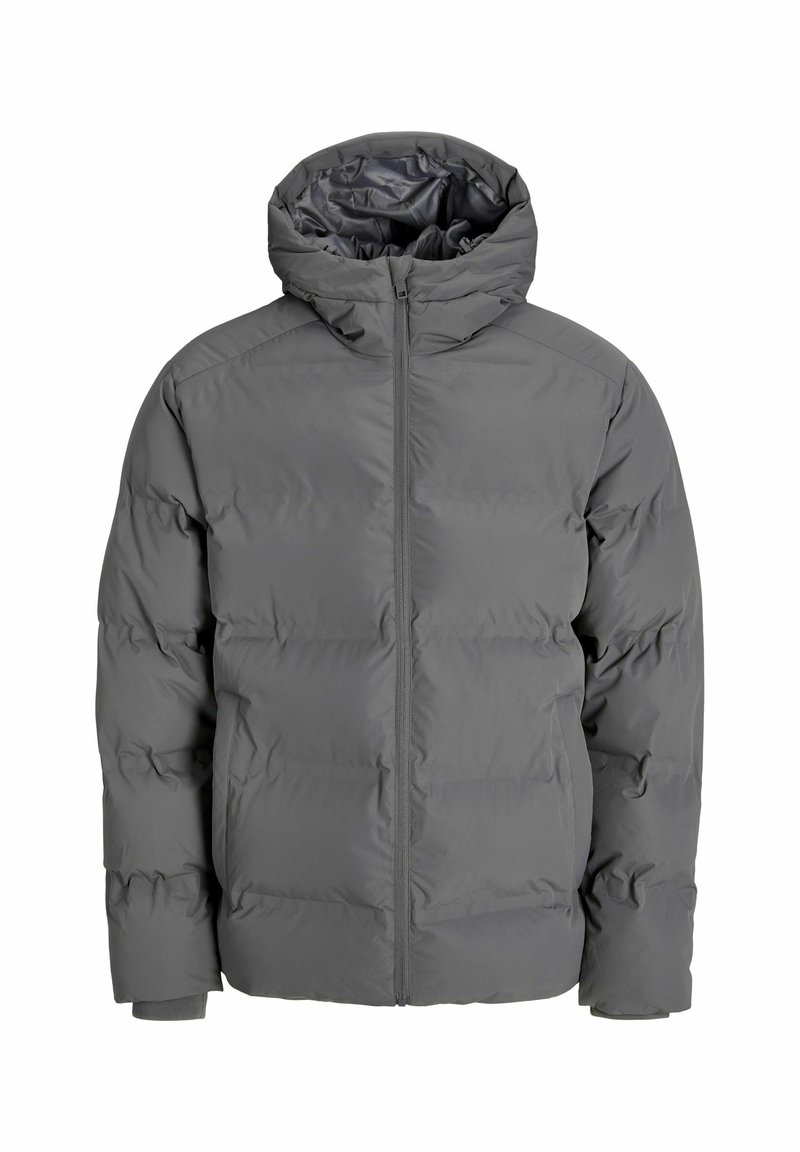 Gray puffer jacket with a zippered front, hood, and elastic cuffs. Features a quilted design with visible stitching and a smooth exterior.