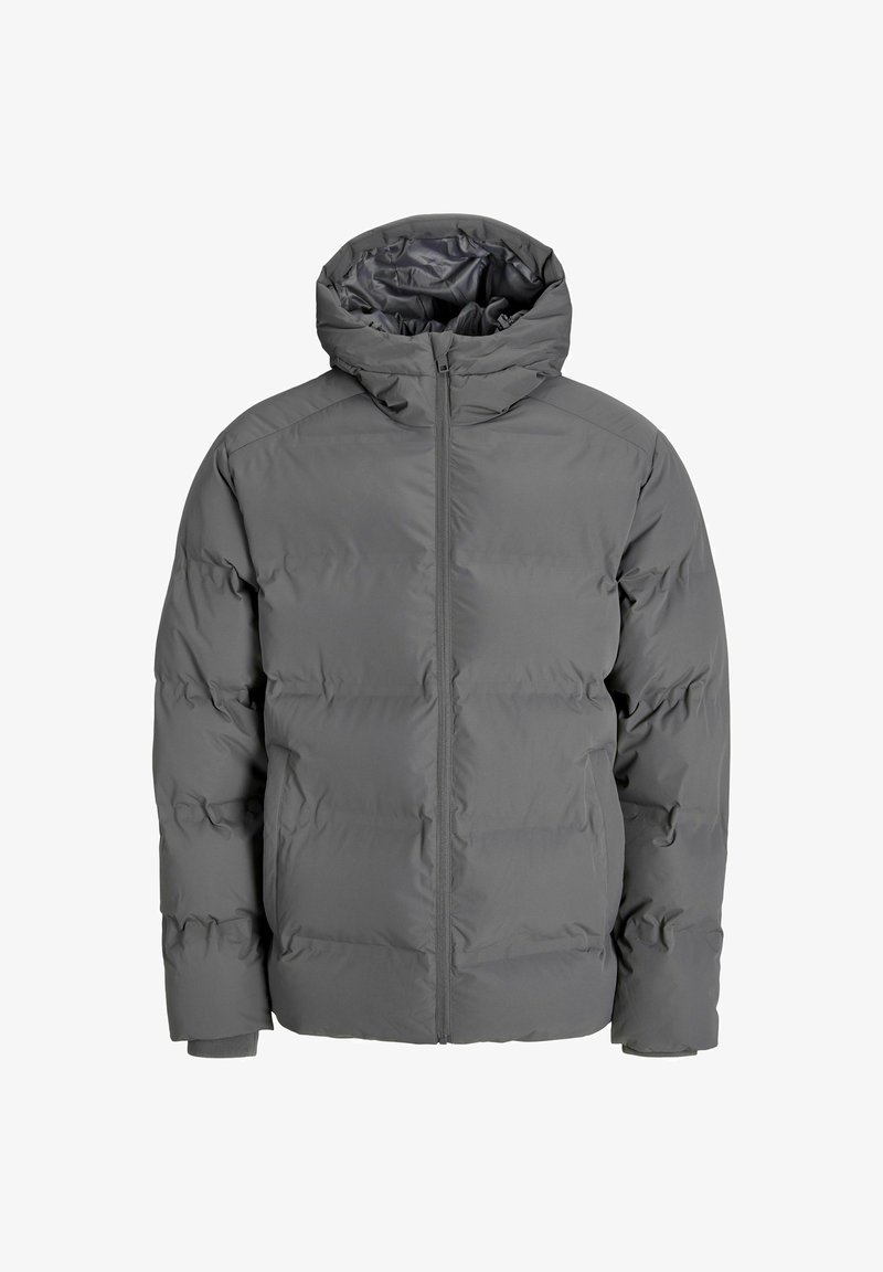 Giacca a vento grigia con zip frontale, cappuccio e polsini elasticizzati. Presenta un design trapuntato con cuciture visibili e una superficie liscia.