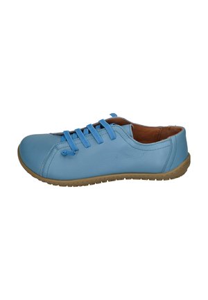 Light blue leather shoe with a rounded toe, flat sole, and six blue laces. The shoe features a brown leather lining and a textured outsole.