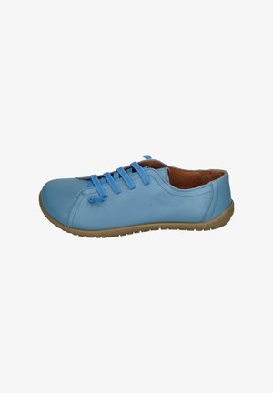 Light blue leather shoe with a rounded toe, flat sole, and six blue laces. The shoe features a brown leather lining and a textured outsole.