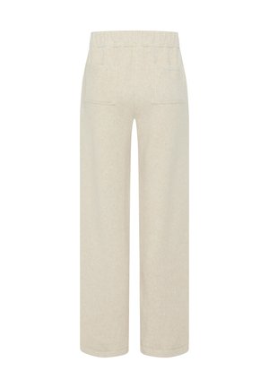 Helle beige weit geschnittene Hose mit einem elastischen Bund und zwei Gesäßtaschen, aus strukturiertem Stoff mit sichtbaren Nähten und einer lässigen Passform.