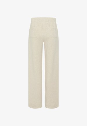 Pantaloni ampi color beige chiaro con vita elastica e due tasche posteriori, realizzati in tessuto strutturato, con cuciture visibili e una vestibilità morbida.